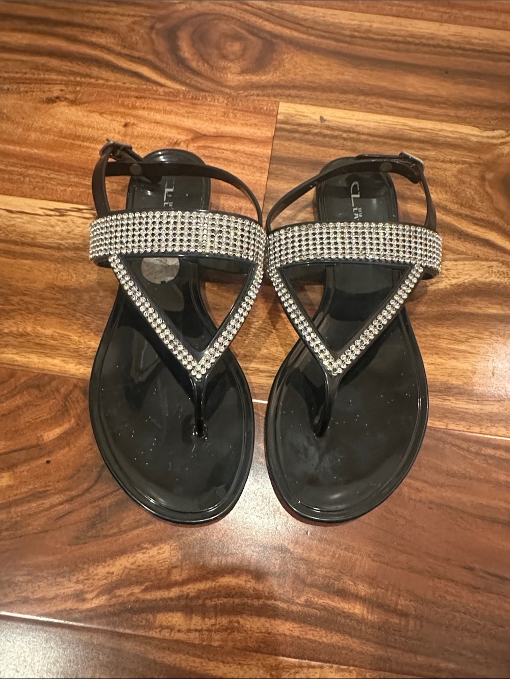 Women’s Black Rhinestone T-Strap Sandals, 7